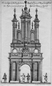 Engraving of the 1725 Harris and Byfield organ in St Mary Redcliffe, Bristol