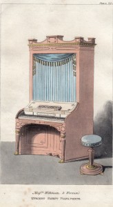 Engraving of an upright piano c1815.